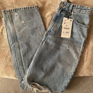 Zara High Rise Distressed Straight Leg Jeans